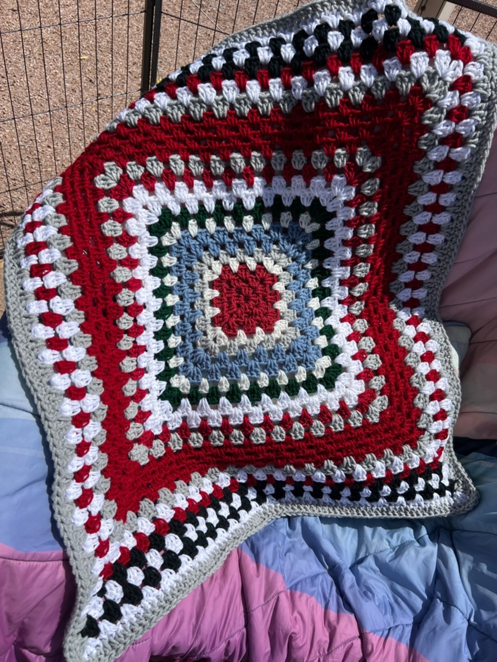 Handmade Crochet Granny Square Throw in Red, White, Gray, Blue, Black, Green new